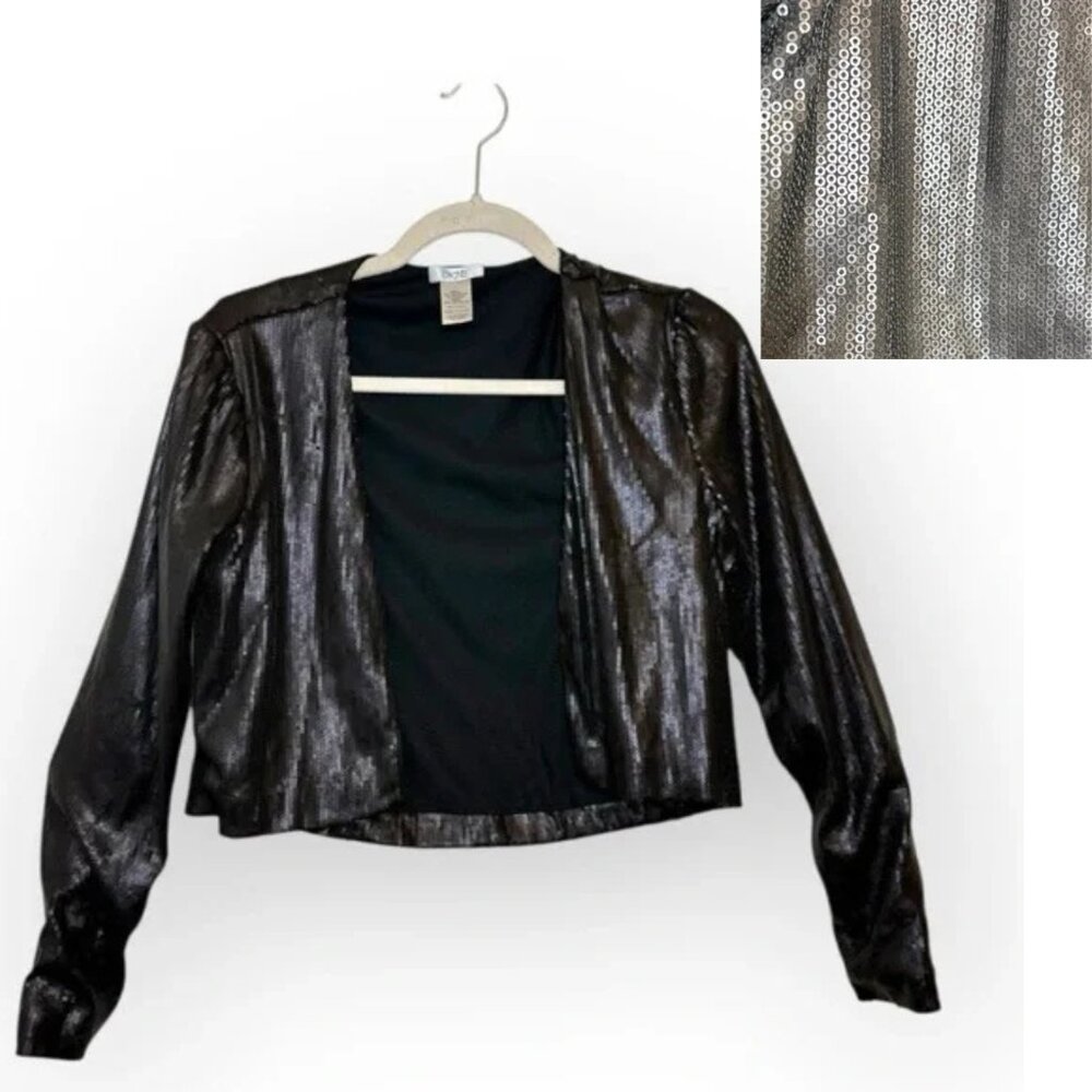 Vintage Y2K Cache Black Micro-Sequin Cropped Jacket Goth Glam Party Small